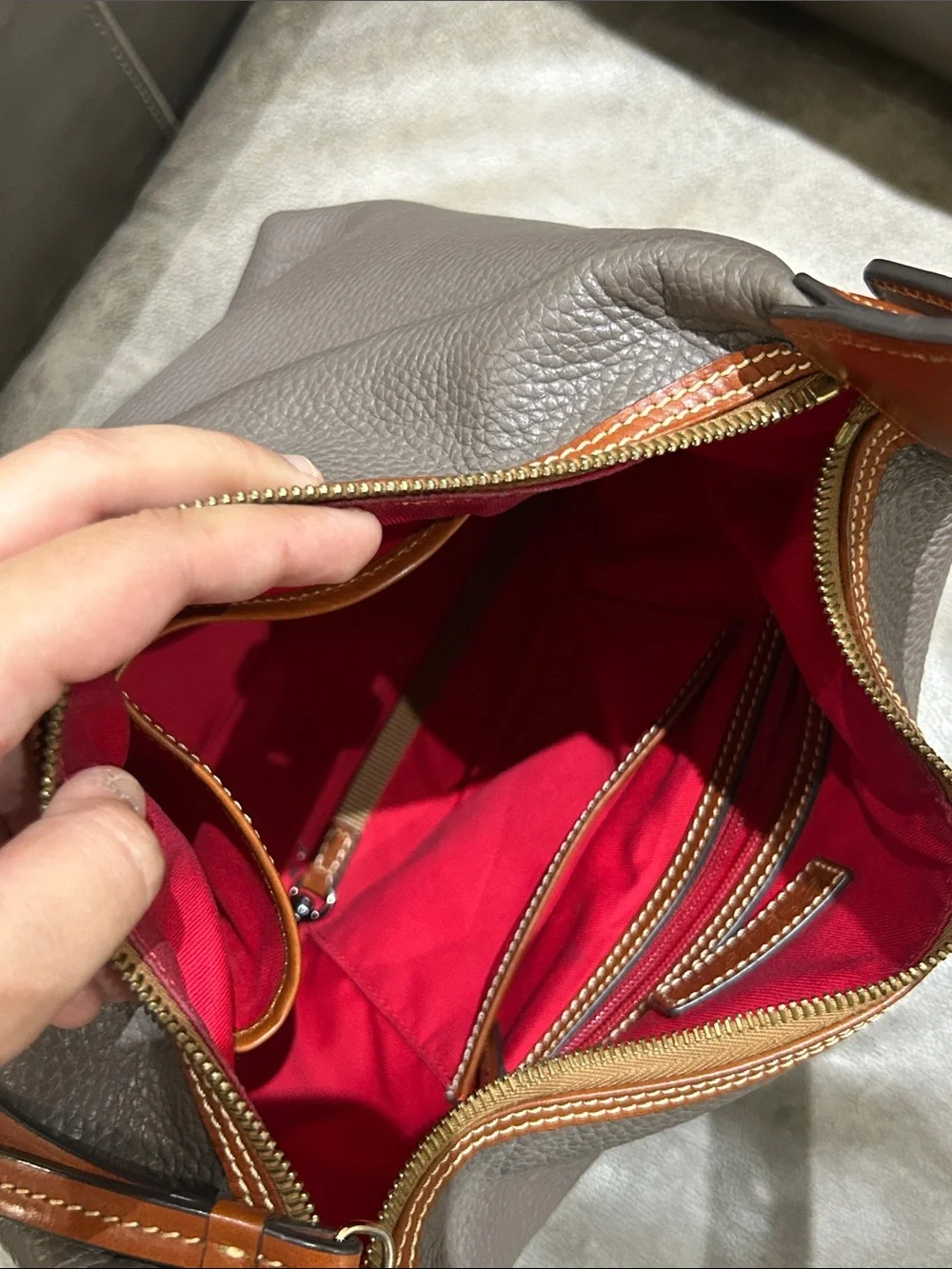 Women’s Taupe Leather Hobo Bag with Brown Trim